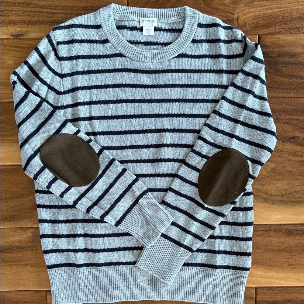 J. Crew Crewcuts Factory Striped Sweater with elbow patches (gray and navy)